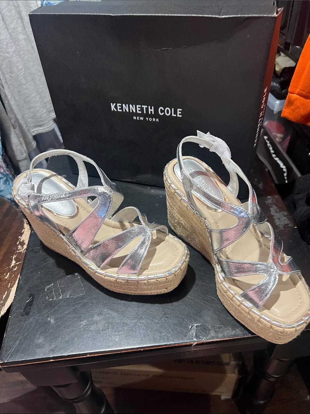 Kenneth Cole New York Silver Metallic Espadrille Wedge Sandals
